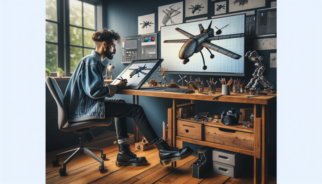 Illustration d'un artiste digital travaillant sur un logo pour une entreprise de drones, entouré d'outils de dessin et d'une tablette graphique de haute qualité.