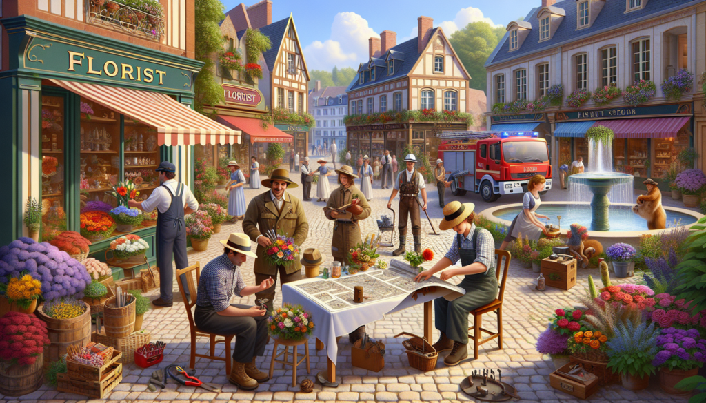 Image : Scène animée dans une place européenne classique avec divers métiers commençant par F. Alt text : Scène place européenne avec métiers commençant par F.