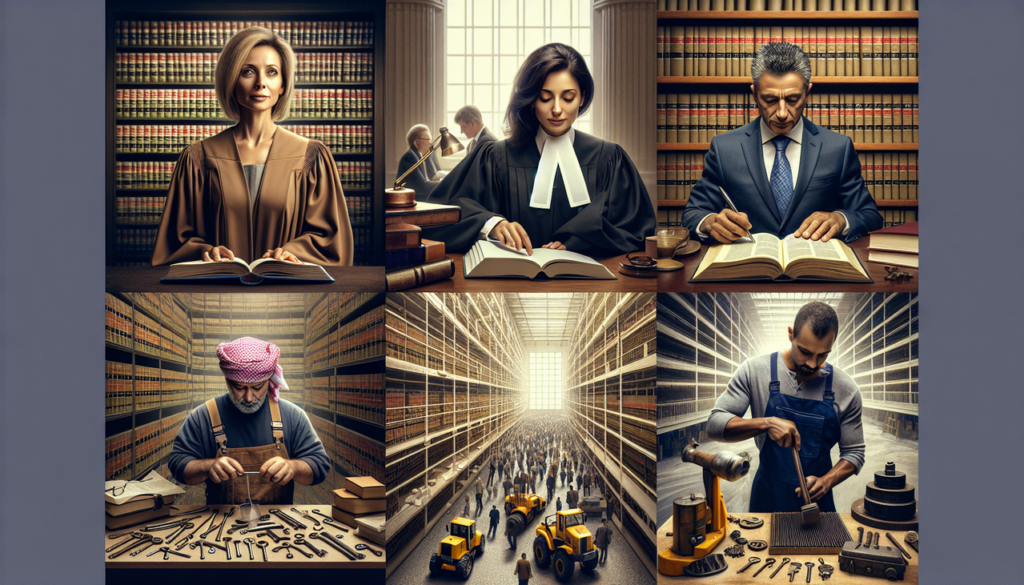 Professionnels dans divers métiers en L : avocat, libraire, serrurier et ouvrier.