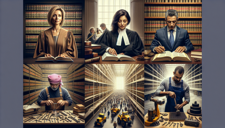 Professionnels dans divers métiers en L : avocat, libraire, serrurier et ouvrier.