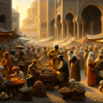 Illustration de marché médiéval animé avec métiers commençant par M : marchand d'épices, maçon, modiste, ménétrier. Ambiance chaleureuse et historique.