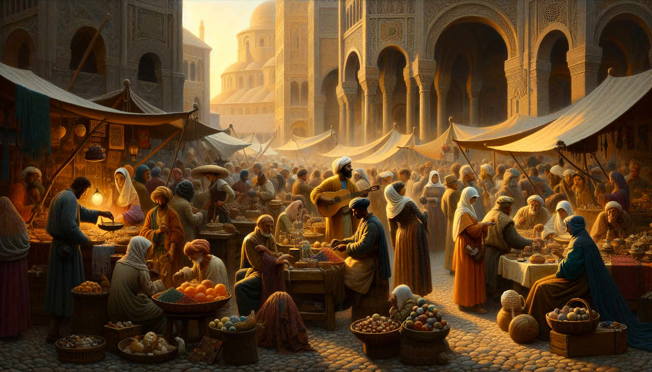 Illustration de marché médiéval animé avec métiers commençant par M : marchand d'épices, maçon, modiste, ménétrier. Ambiance chaleureuse et historique.