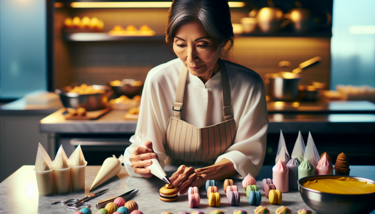 Préparation minutieuse de pâtisseries par un chef pâtissier professionnel. Survole l'image pour voir les détails.