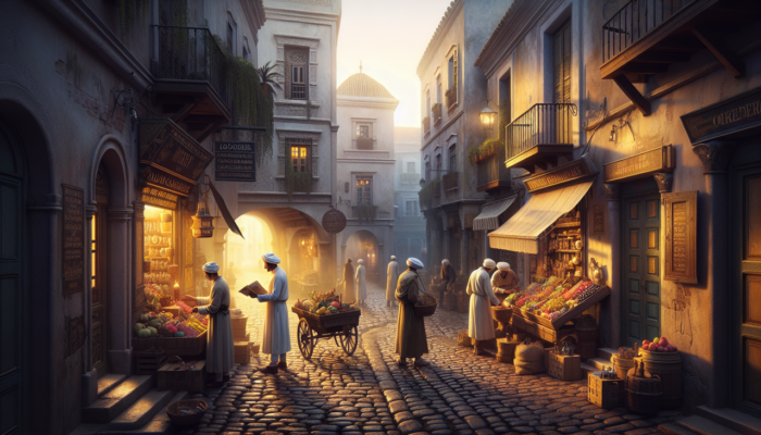 Illustration de rue ensoleillée d'une vieille ville européenne avec divers métiers commençant par Q.