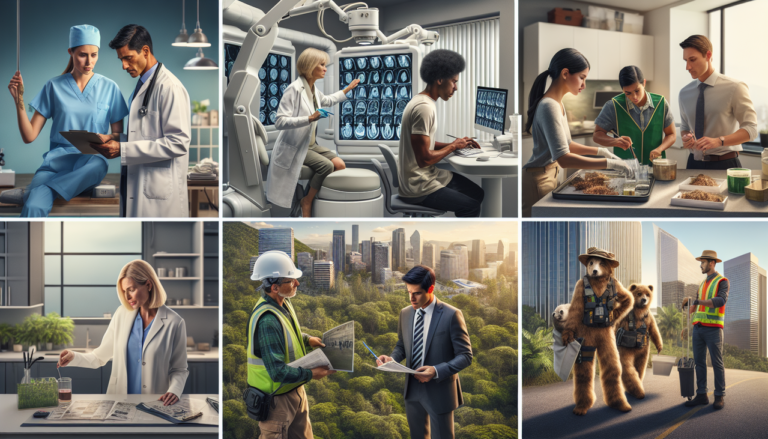 Collage de professionnels en R : radiologiste, recycleur, chercheur, garde forestier, couvreur, agent immobilier, réceptionniste.