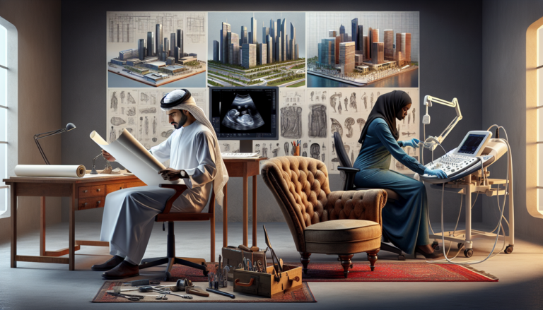 Illustration d'un urbaniste, d'un tapissier et d'un technicien en échographie exerçant leur métier. ___