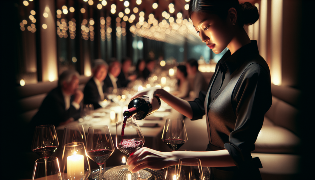 Illustration d'un sommelier versant un vin rouge dans un carafon en cristal, dans un restaurant élégant.