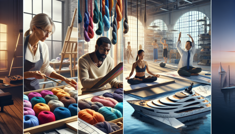 Illustration : Un teinturier de laine assortit les couleurs, un professeur de yoga guide une classe, un concepteur de yachts travaille sur son ordinateur.