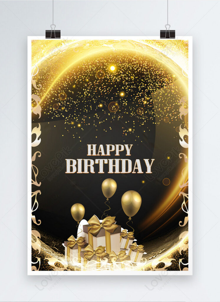 Image d'une affiche de célébration d'anniversaire avec un design festif comprenant des ballons colorés et des confettis, idéale pour illustrer un tutoriel Photoshop.