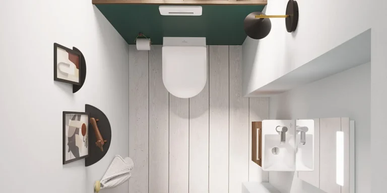 Aménagement de salle de bain moderne en 3D avec lavabo, miroir et toilettes