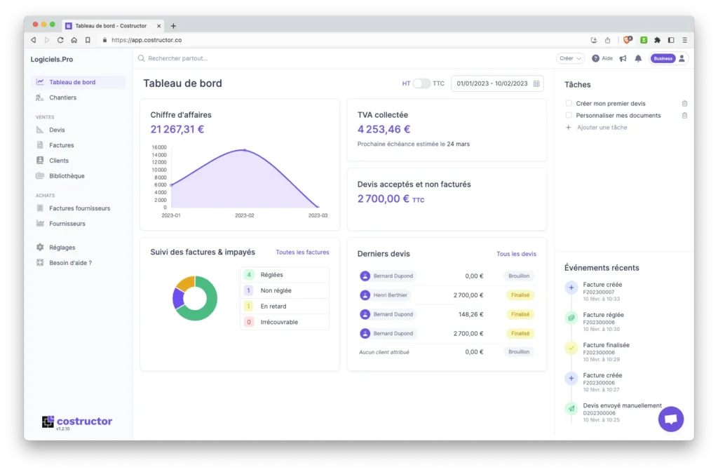 Interface intuitive du logiciel Costructor, une solution essentielle pour les professionnels du bâtiment