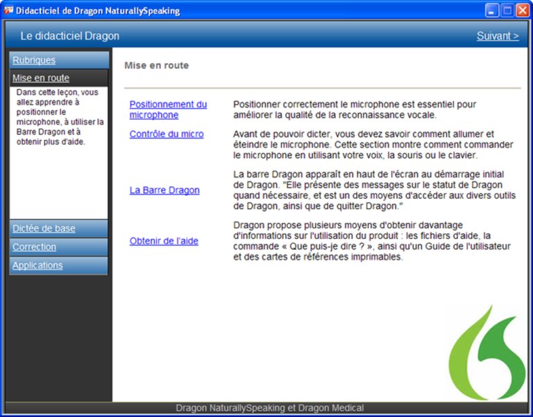 Capture d'écran de l'interface utilisateur de Dragon NaturallySpeaking Premium