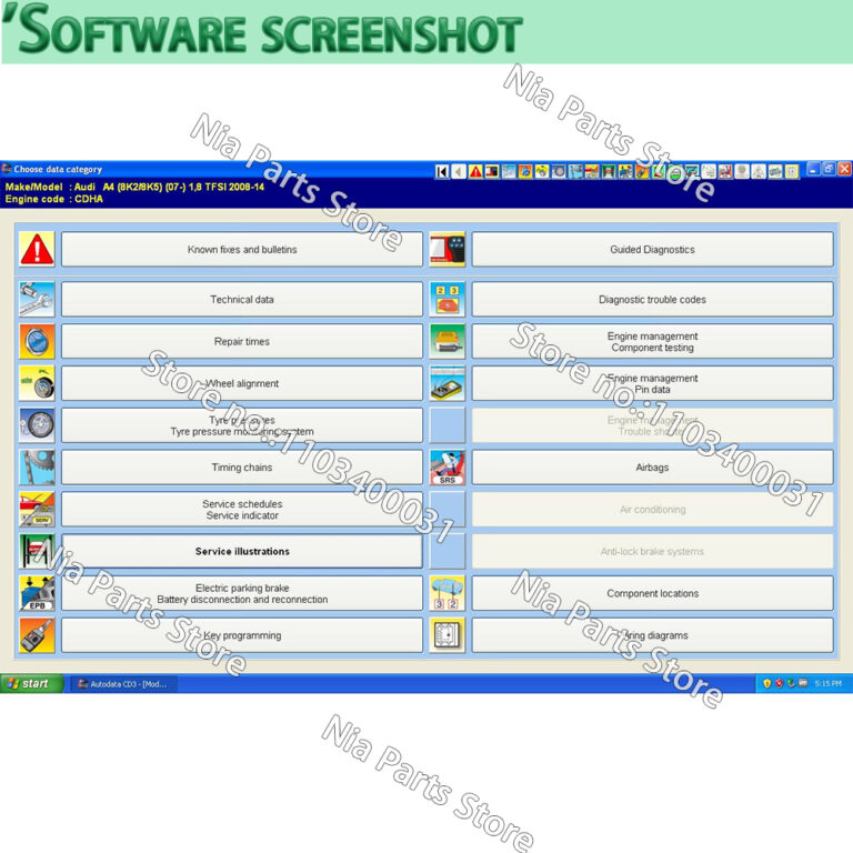 Interface du logiciel Autodata 3.45 illustrant les fonctionnalités de diagnostic auto