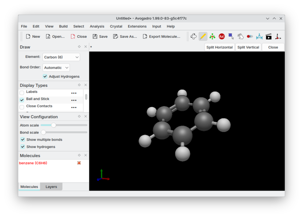 Capture d'écran du logiciel Avogadro montrant une modélisation avancée de molécule