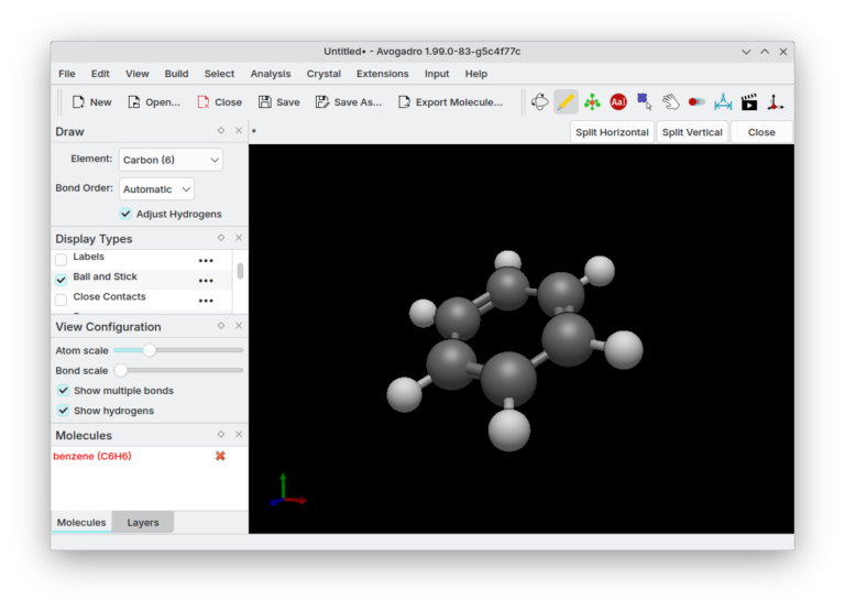 Capture d'écran du logiciel Avogadro montrant une modélisation avancée de molécule