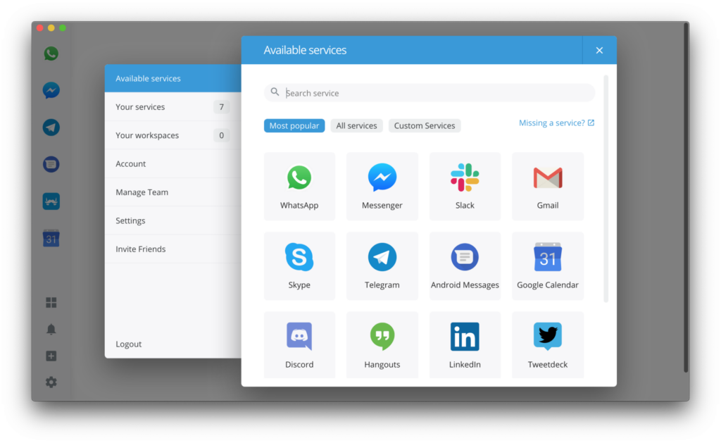 Capture d'écran de Franz montrant plusieurs applications de messagerie intégrées, idéale pour illustrer les meilleures astuces logicielles