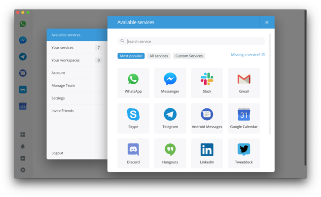 Capture d'écran de Franz montrant plusieurs applications de messagerie intégrées, idéale pour illustrer les meilleures astuces logicielles