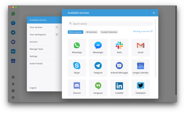 Capture d'écran de Franz montrant plusieurs applications de messagerie intégrées, idéale pour illustrer les meilleures astuces logicielles