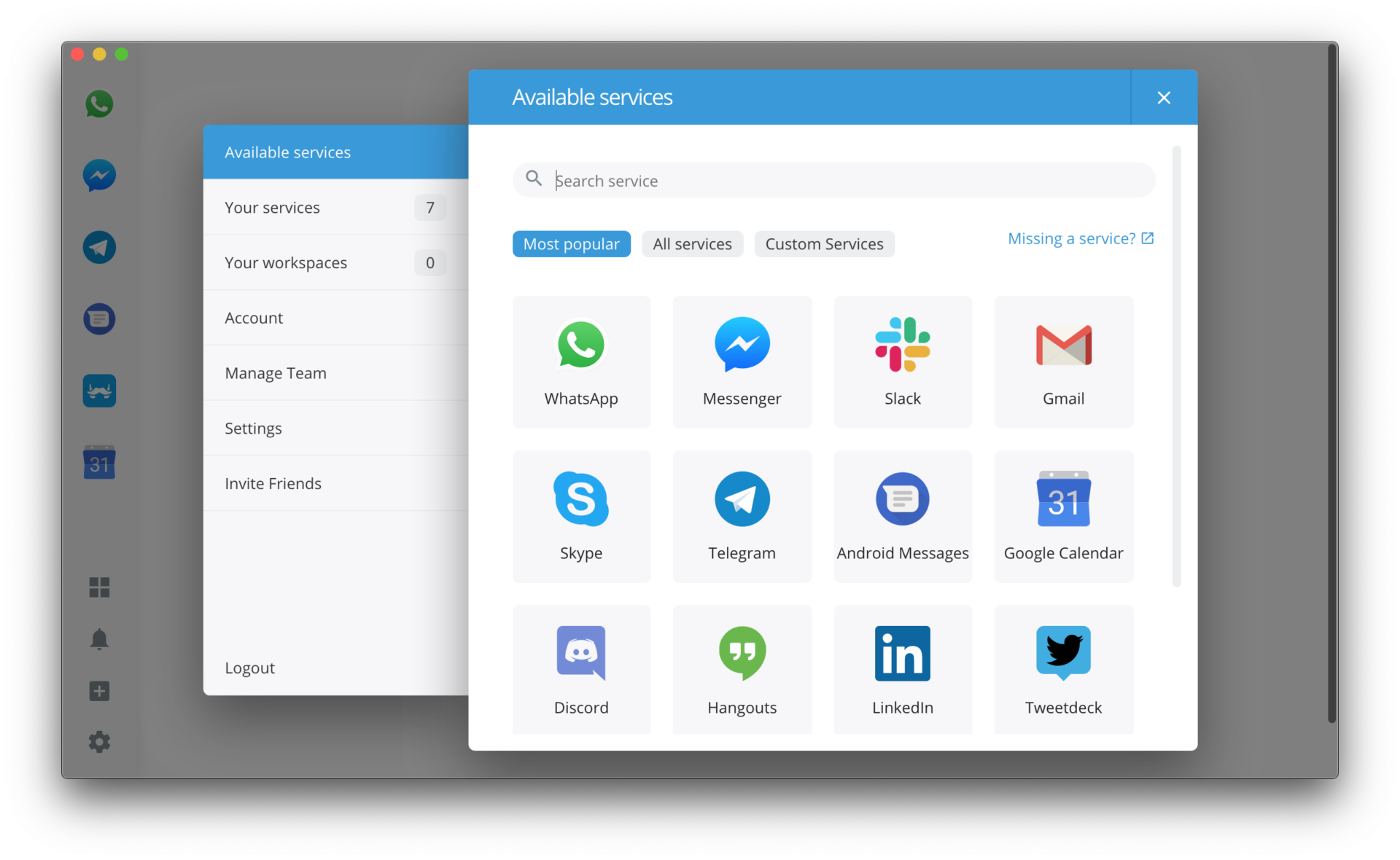 Capture d'écran de Franz montrant plusieurs applications de messagerie intégrées, idéale pour illustrer les meilleures astuces logicielles