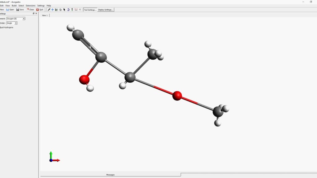 Interface principale du logiciel Avogadro avec des molécules en 3D