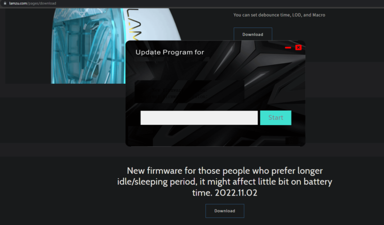 Interface du logiciel Lamzu pendant la mise à jour du firmware de la souris Atlantis