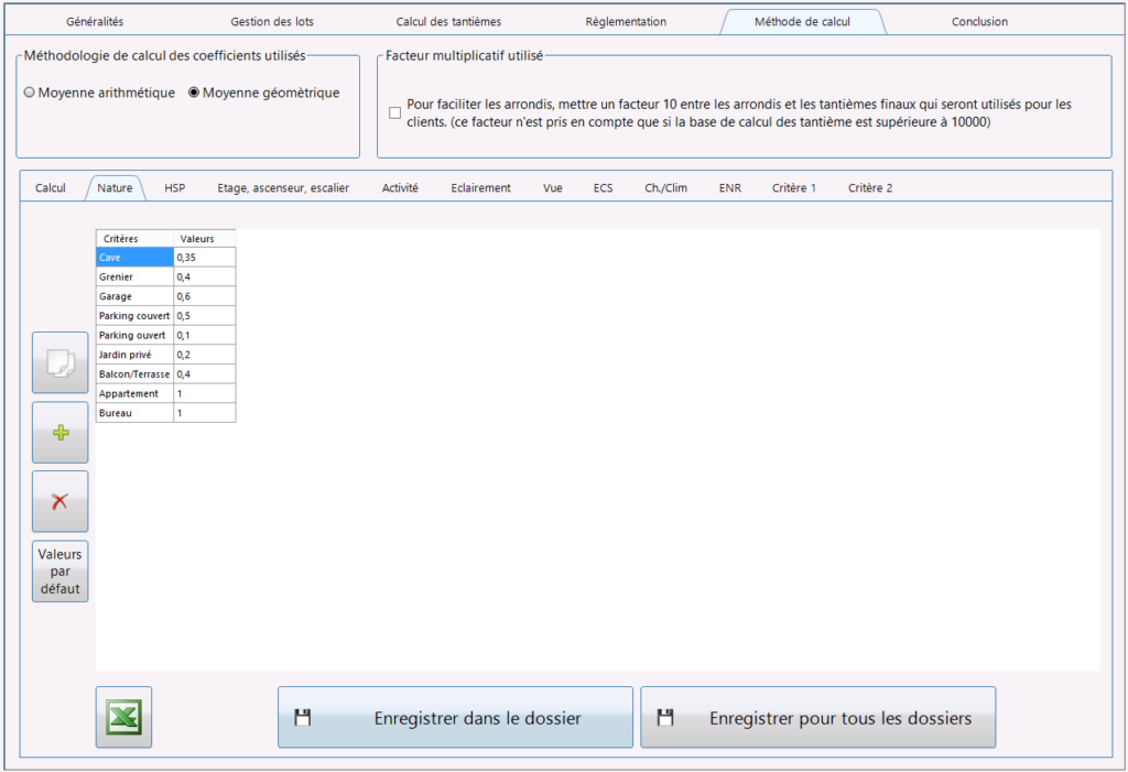 Interface du logiciel Liciel pour calcul du tantième de copropriété