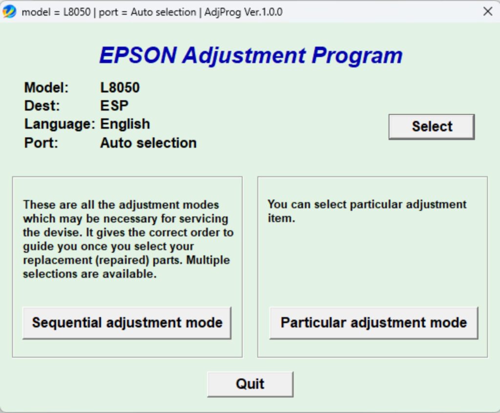 Interface du logiciel de réinitialisation Epson L8050 affichée à l'écran