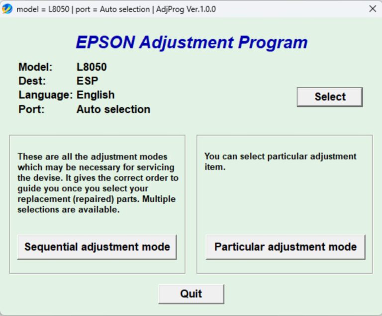 Interface du logiciel de réinitialisation Epson L8050 affichée à l'écran