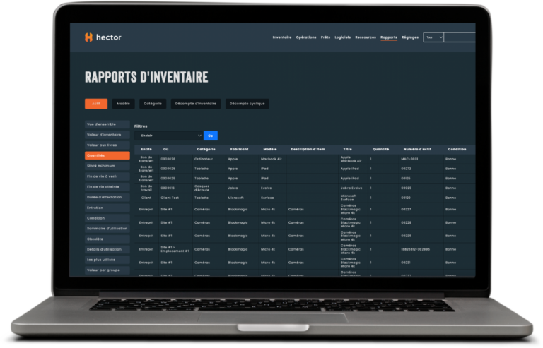 Aperçu du logiciel Hector montrant un rapport d’inventaire automatisé