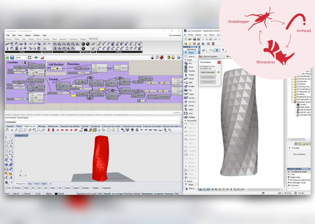 Interface de Rhinoceros 3D avec le plugin Grasshopper pour la modélisation paramétrique