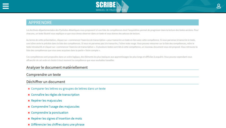 Interface du manuel interactif de paléographie Scribe pour l'apprentissage gratuit en ligne
