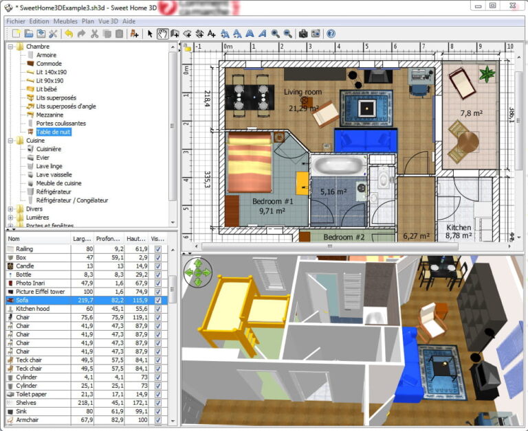 Interface du logiciel Sweet Home 3D pour concevoir des meubles gratuitement