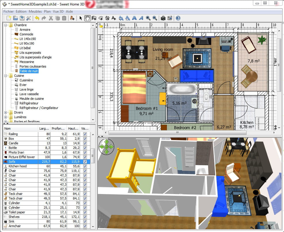 Interface du logiciel Sweet Home 3D pour concevoir des meubles gratuitement