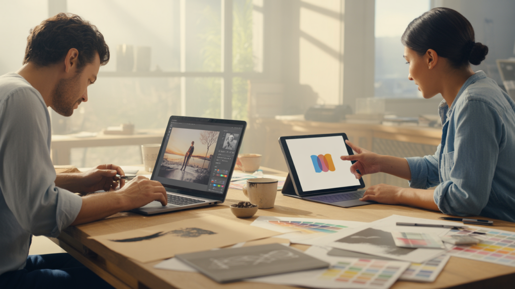 Deux designers travaillent ensemble dans un studio lumineux et naturel, l’un sur un ordinateur portable avec un logiciel de retouche photo complexe, l’autre sur une tablette avec une application de conception graphique simplifiée, entourés d’esquisses et d’outils créatifs.