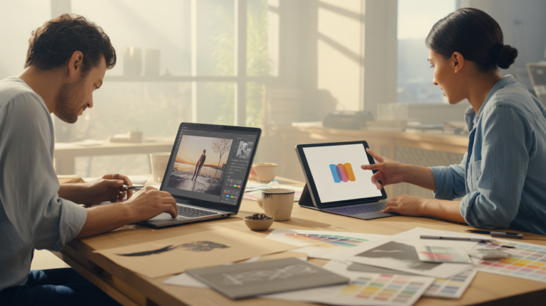Deux designers travaillent ensemble dans un studio lumineux et naturel, l’un sur un ordinateur portable avec un logiciel de retouche photo complexe, l’autre sur une tablette avec une application de conception graphique simplifiée, entourés d’esquisses et d’outils créatifs.